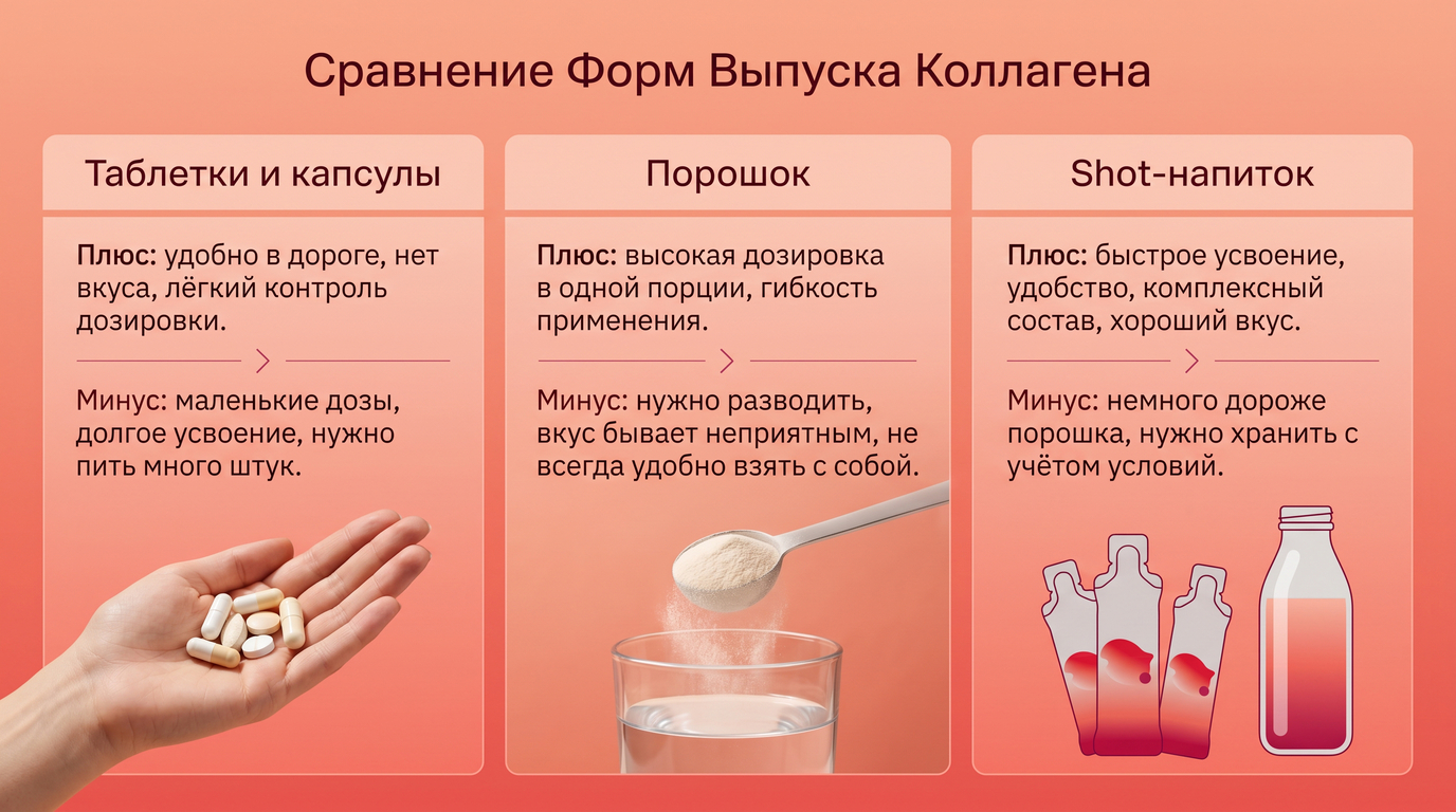 сравнение форм выпуска коллагена — таблетки, порошок и shot-напиток