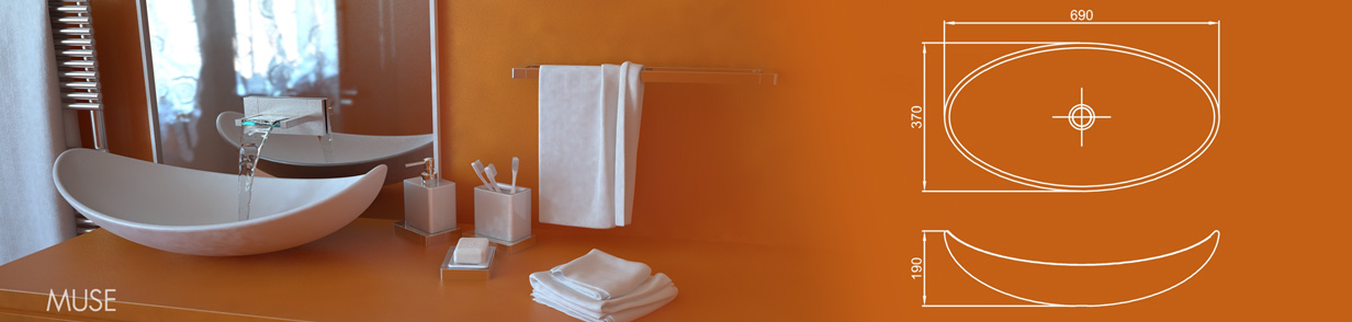 Раковина MUSE из акрилового камня, размеры: ширина 690 мм, глубина 370 мм, высота борта 190 мм. Овальная форма с элегантным изгибом, схема параметров и монтажа.