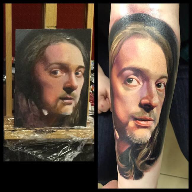 Realistic portrait tattoo of rock musician Mikhail Gorshenev next to an oil painting study, demonstrating artistic skill and likeness across different mediums