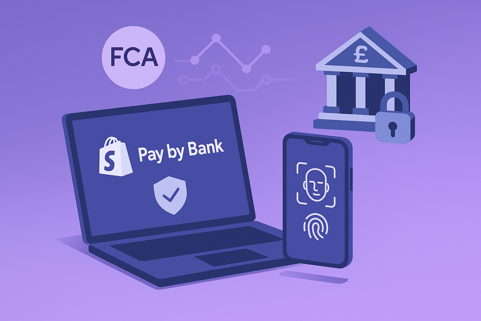 Isometric illustration showing a secure Pay by Bank setup: a laptop with a checkout screen, a smartphone displaying biometric authentication, and a UK bank icon with a pound symbol and padlock, all on a purple gradient background.