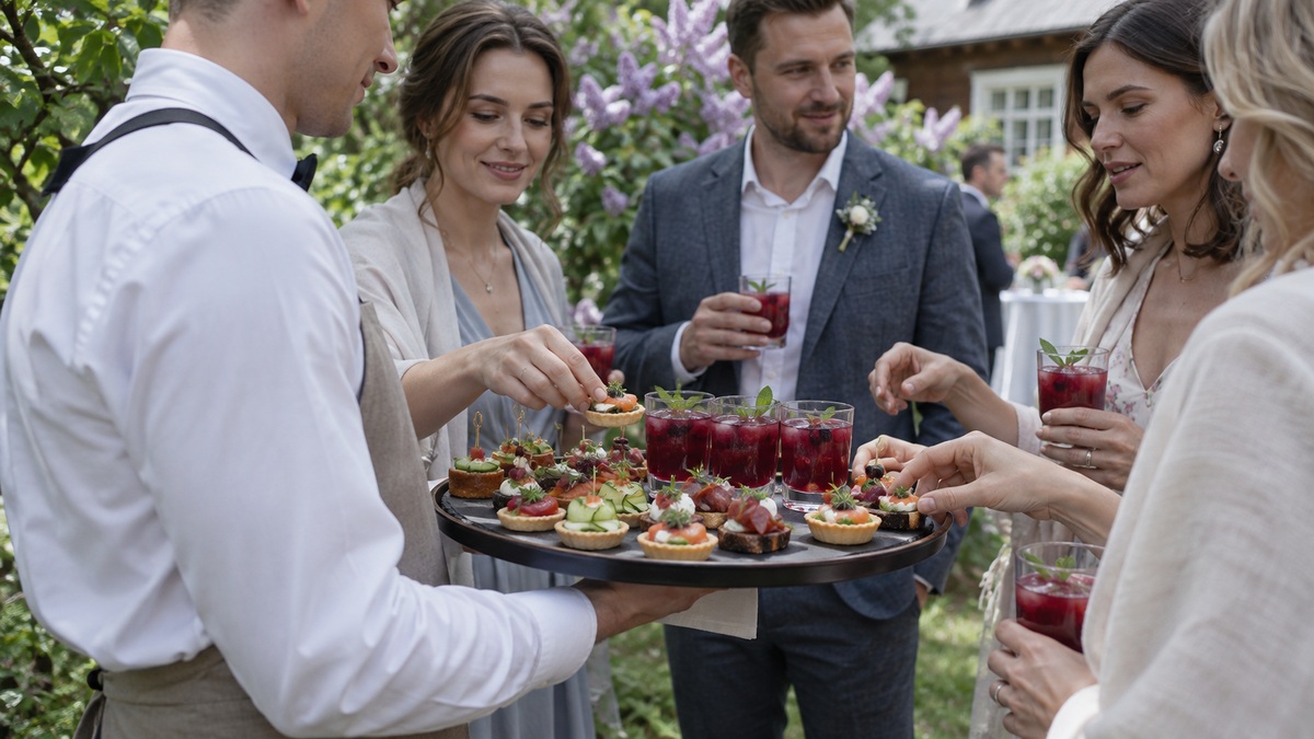 Фуршетная подача на свадьбе garden party — небольшие порции на станциях