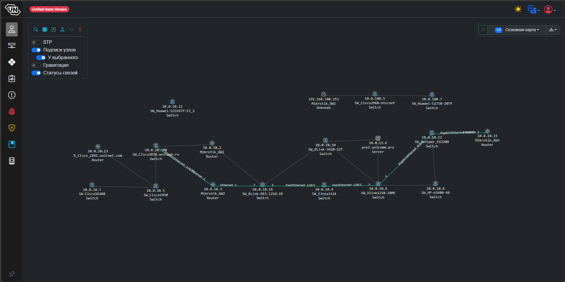 UnicNet Карта сетевых устройств обнаруженных при сканировании сети