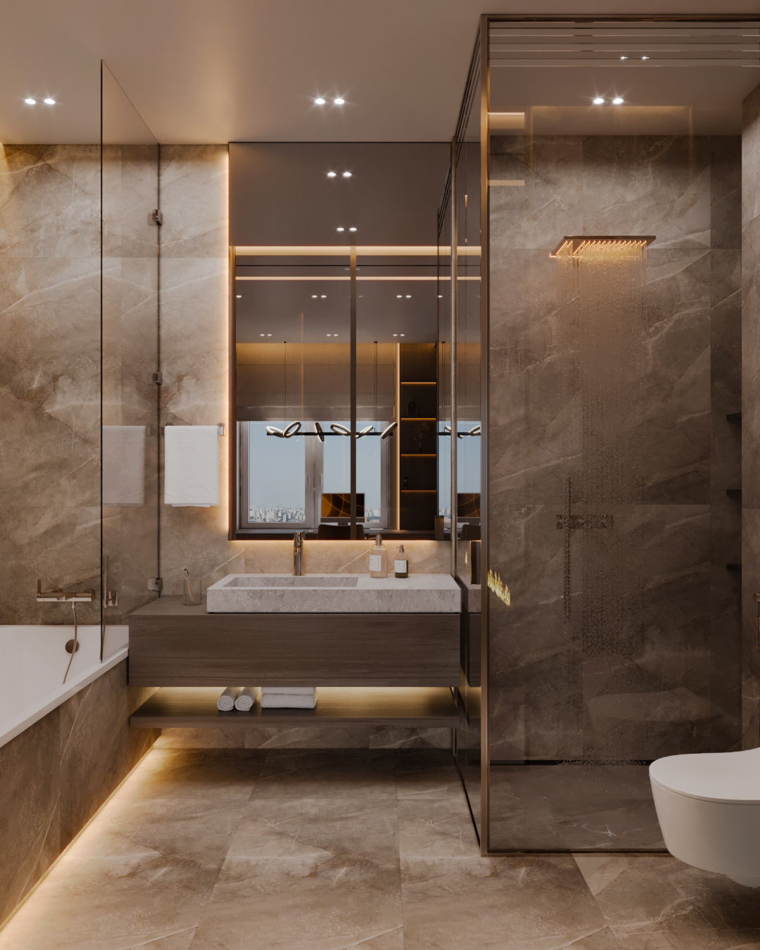 Дизайн интерьера санузла холостяка с подвесной кухней, камином и кожаными акцентами