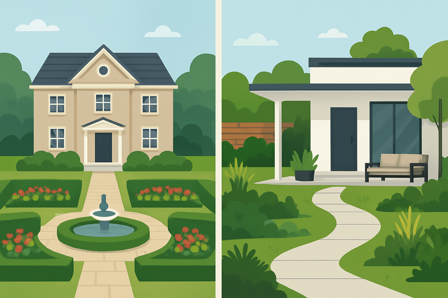 Сравнение проектов дома и сада в едином стиле: слева — классический дом с симметричным садом, фонтаном и аккуратными клумбами; справа — современный минималистичный коттедж с лаконичным ландшафтом, извилистой дорожкой и зелёными насаждениями.