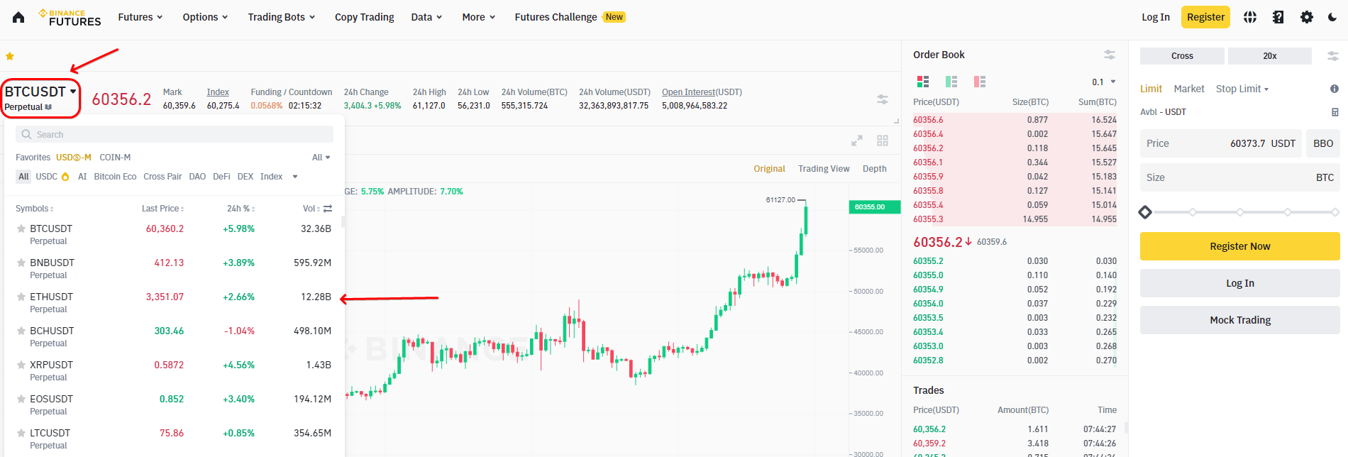 How to scalp Binance futures: Select a trading instrument on the futures page