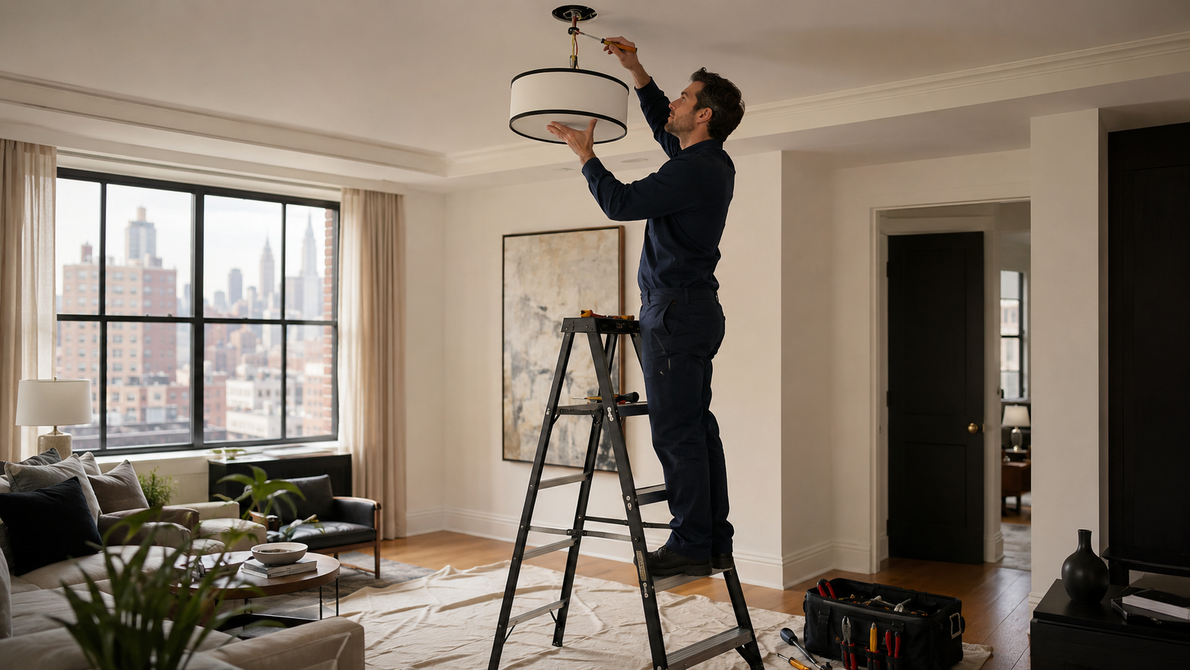 Technician servicing ceiling lighting from a stepladder