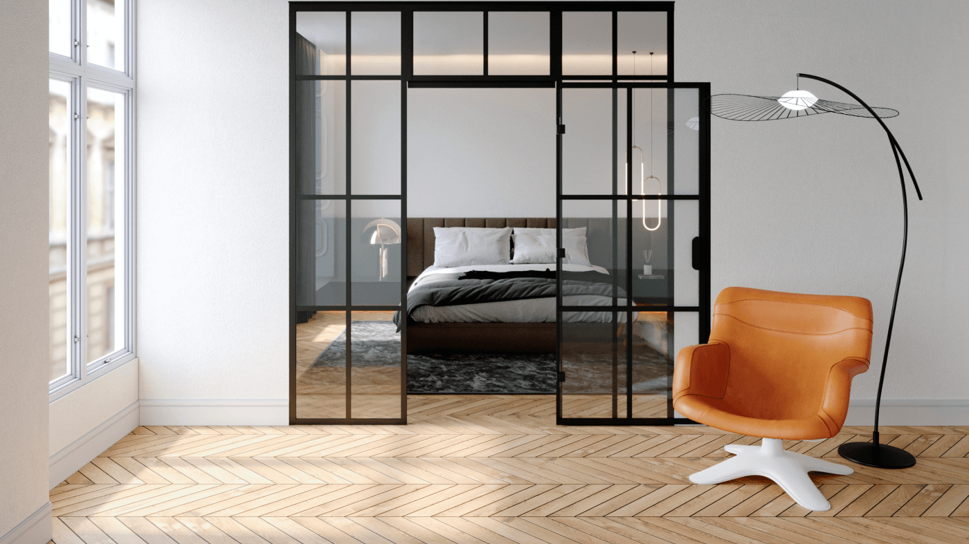 Spacious bedroom interior rendering with en-suite bathroom and walk-in closet
