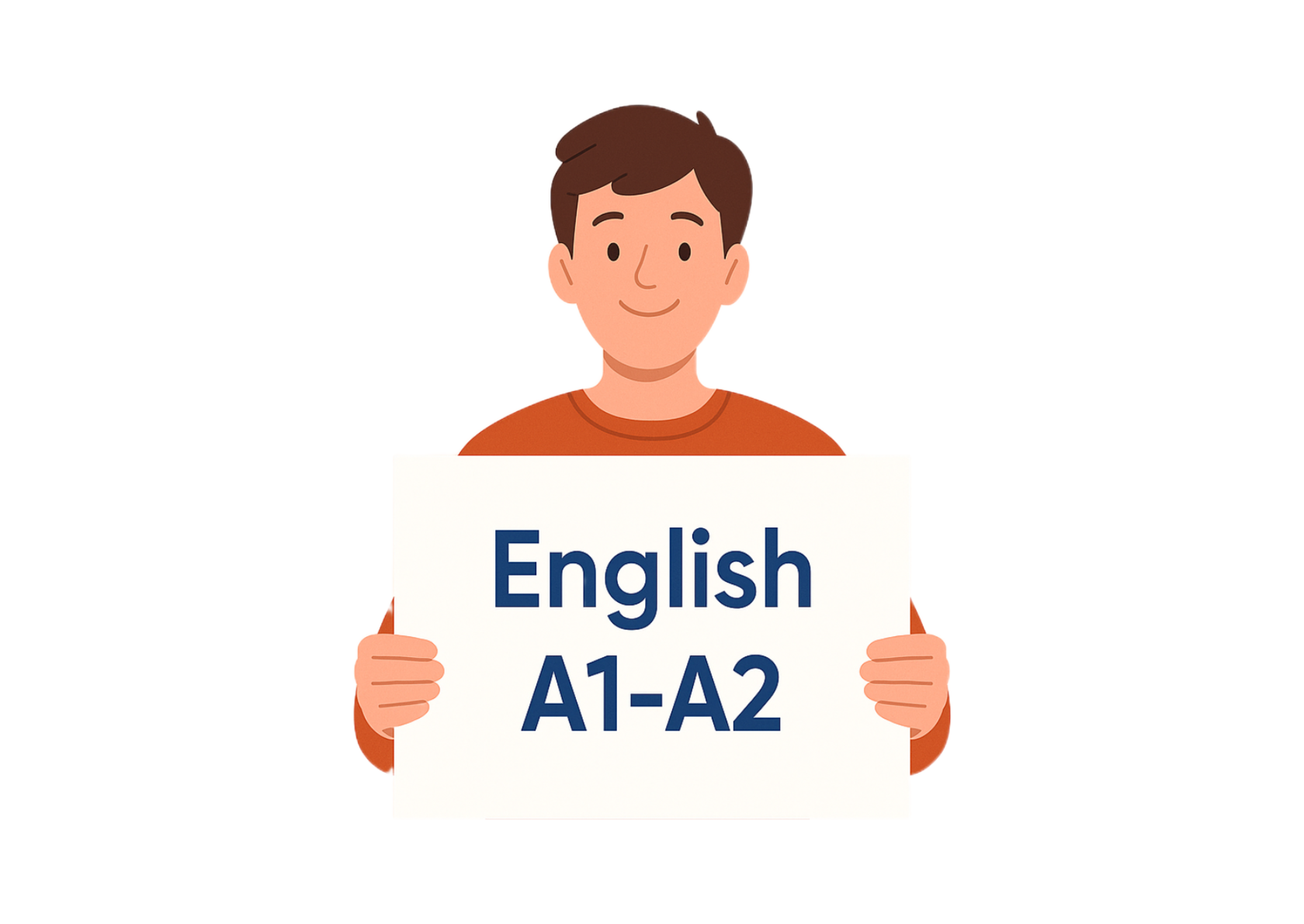 Мужчина с табличкой English A1–A2 — начальные уровни английского языка по шкале CEFR