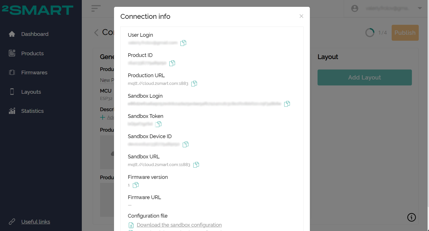 Data window for connecting the device to the platform