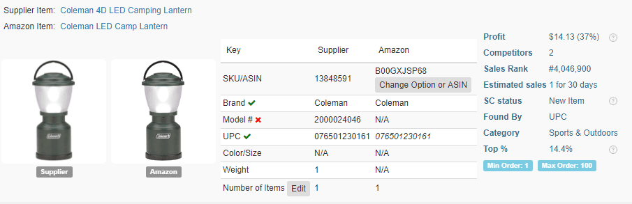 37% and $14.13 profit camping lantern for dropshipping from Walmart on Amazon