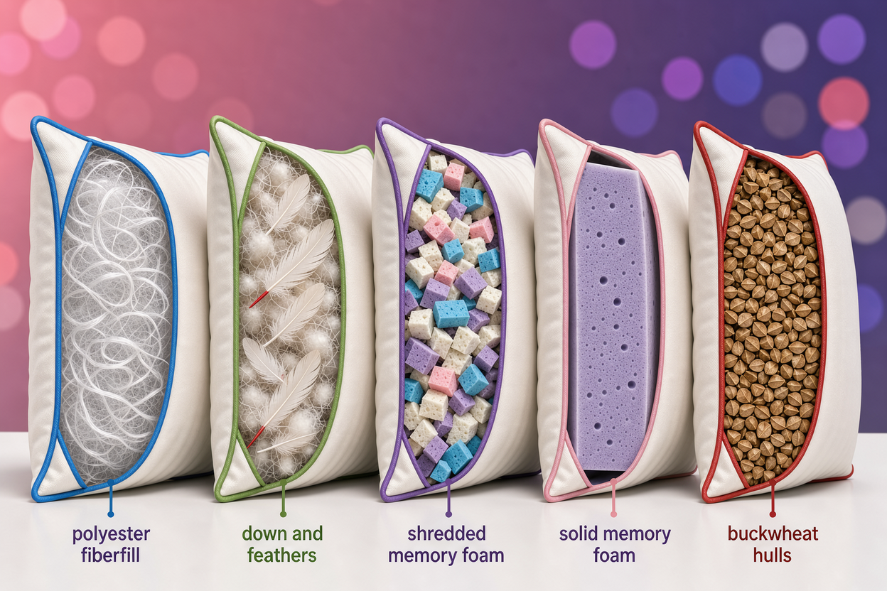 Cross-section illustration of pillow fillings labeled: polyester fiberfill, down and feathers, shredded memory foam, solid memory foam, and buckwheat hulls
