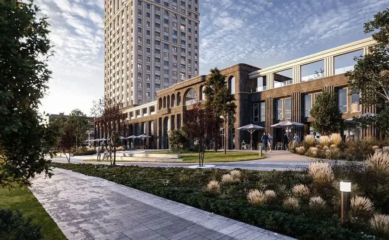 Современный фасад ЖК Вилларт с благоустроенной территорией в Новосибирске