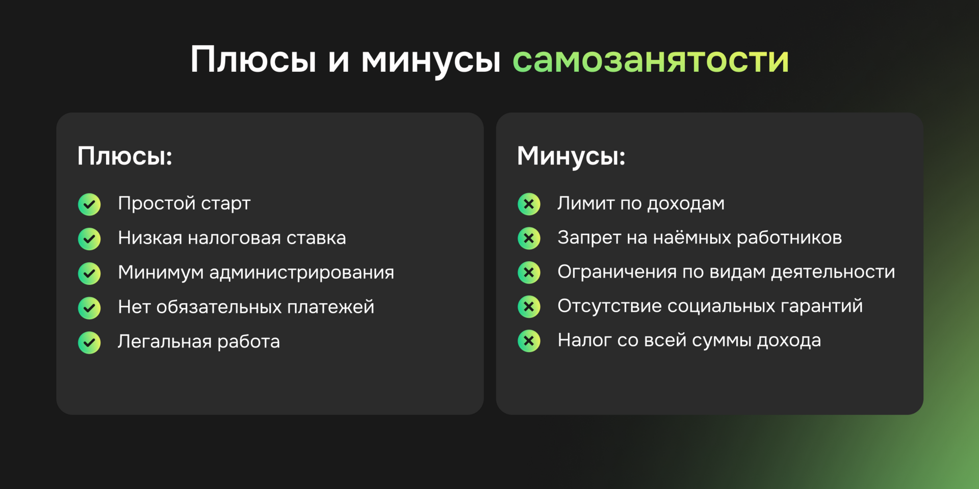 Плюсы и минусы самозанятости — инфографика