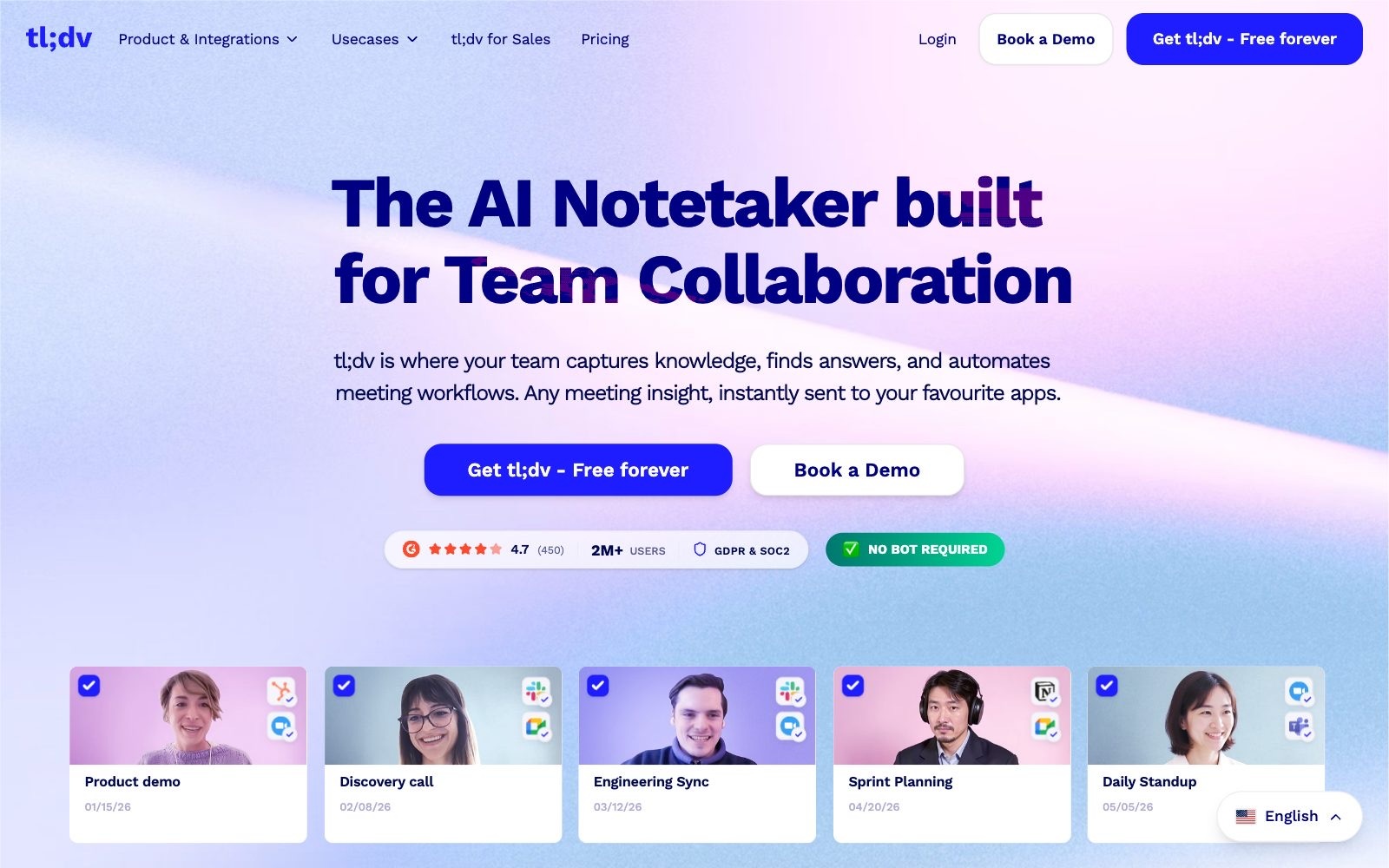 tl;dv homepage screenshot: AI meeting recorder and note taker