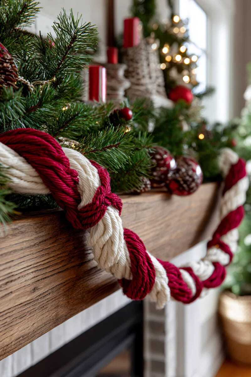 Красная и белая витая шерстяная веревка, имитирующая классические полоски леденца-трости.