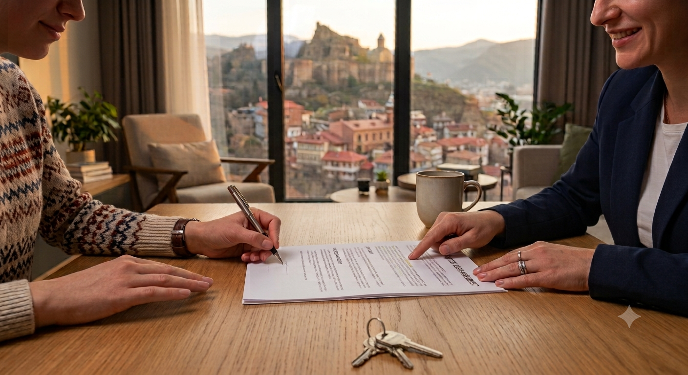 Signing rental contract in Tbilisi with Narikala view