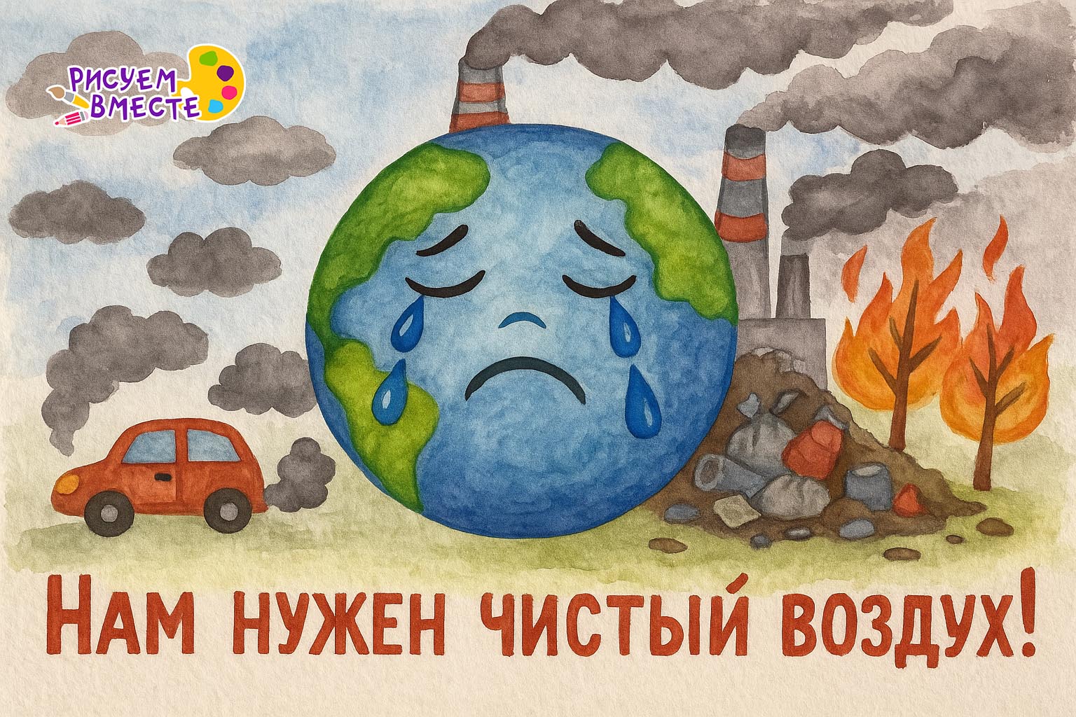 Детский рисунок красками «Берегите воздух»: планета Земля в виде лица со слезами, вокруг заводы с чёрным дымом, выхлопы автомобиля, горящие деревья и мусор. Надпись «Нам нужен чистый воздух!». Экологический плакат школьника про загрязнение и охрану воздуха.