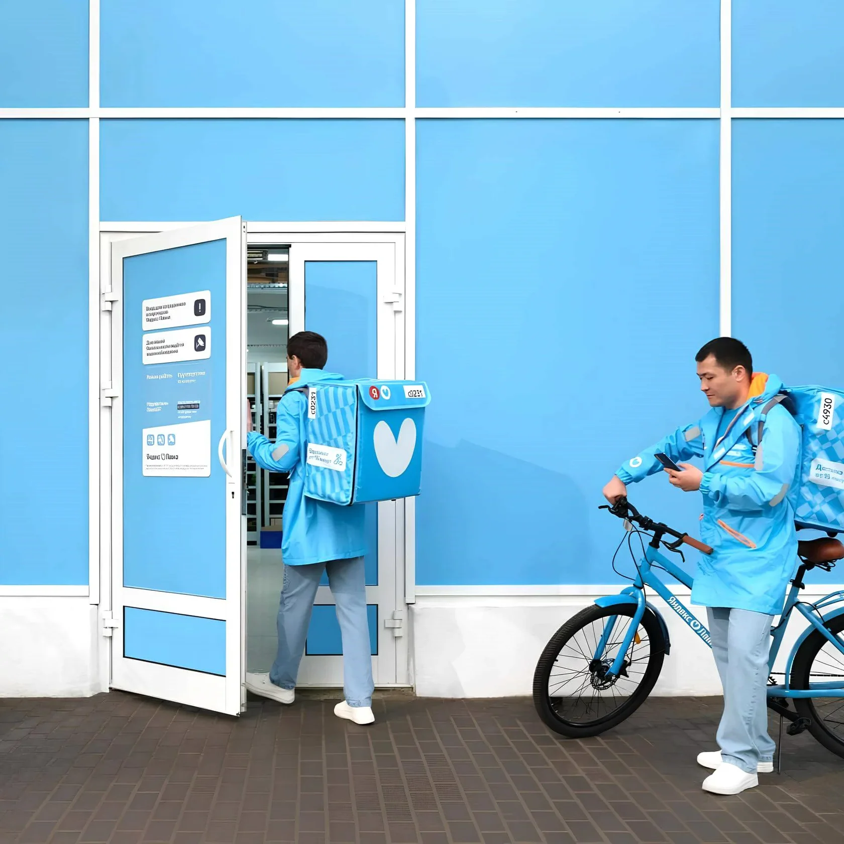 Курьеры Яндекс Еды в фирменной голубой форме с термосумками у входа в пункт выдачи; один курьер проверяет смартфон рядом с велосипедом, другой входит в здание. Современная городская доставка еды
