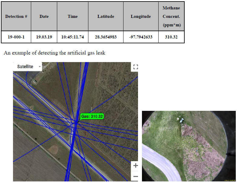Detection map and picture from the pilot camera at the location of gas detection