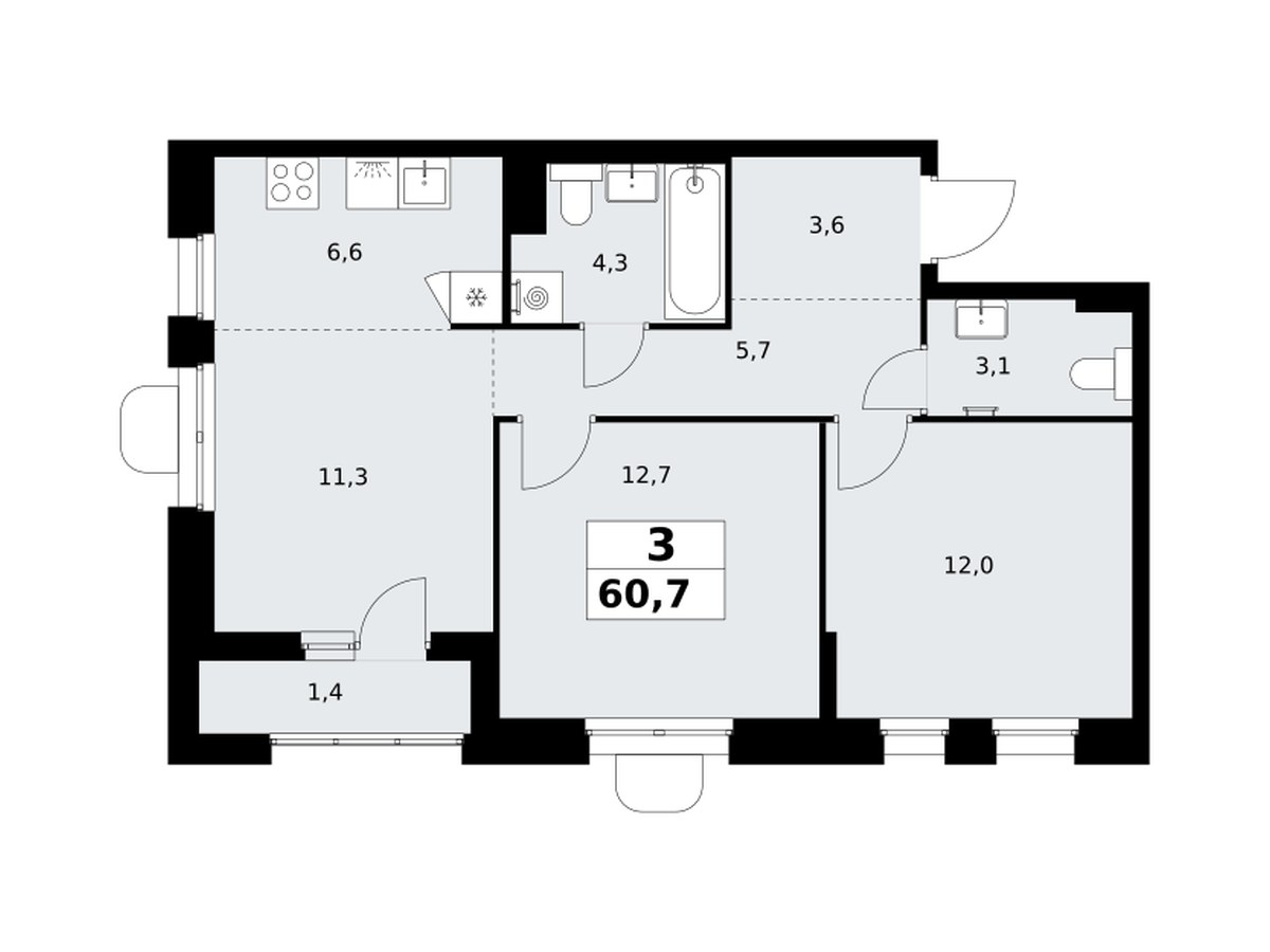 Планировка: 3-комнатная квартира 60,7 м² с двумя санузлами, ЖК Прокшино, корпус 10.3.6