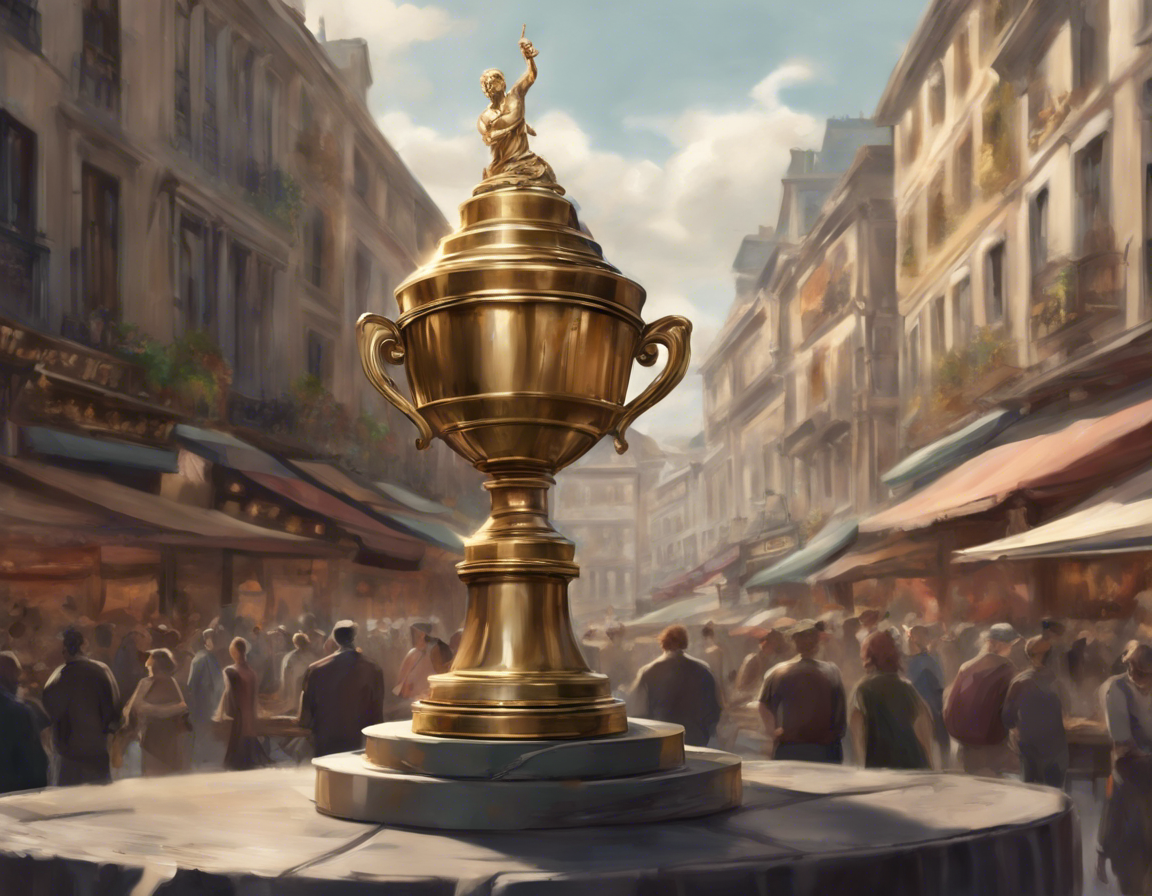 трофей на пьедестале на фоне оживленного рынка, символизирующий достижение
