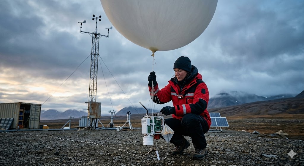 Метеоролог запускает белый радиозонд на фоне рассветного неба и анемометра.