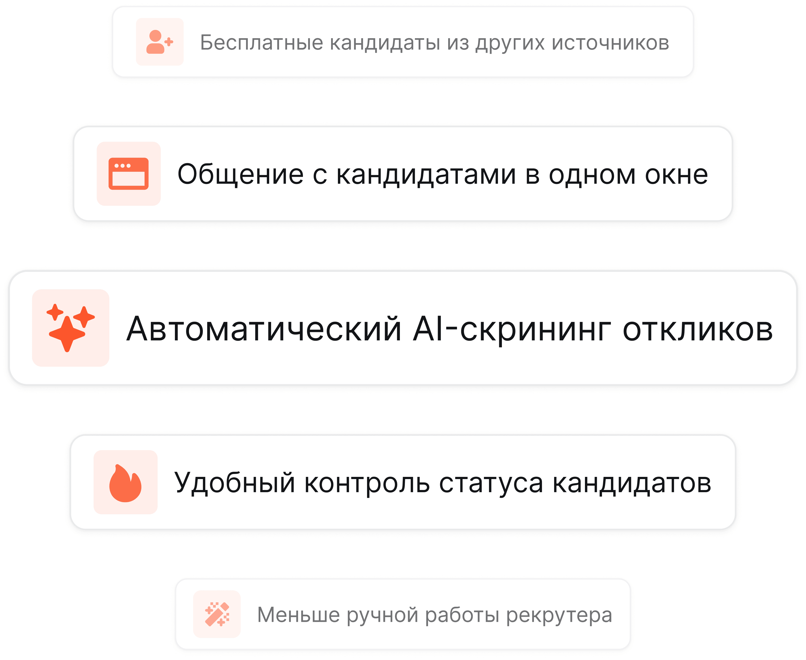 бесплатные кандидаты из других источников, быстрее выход кандидатов клиенту, Общение с кандидатами в одном окне, Автоматический AI-скрининг откликов,Бесплатные кандидаты из других источников Рост выручки агентства без роста затрат