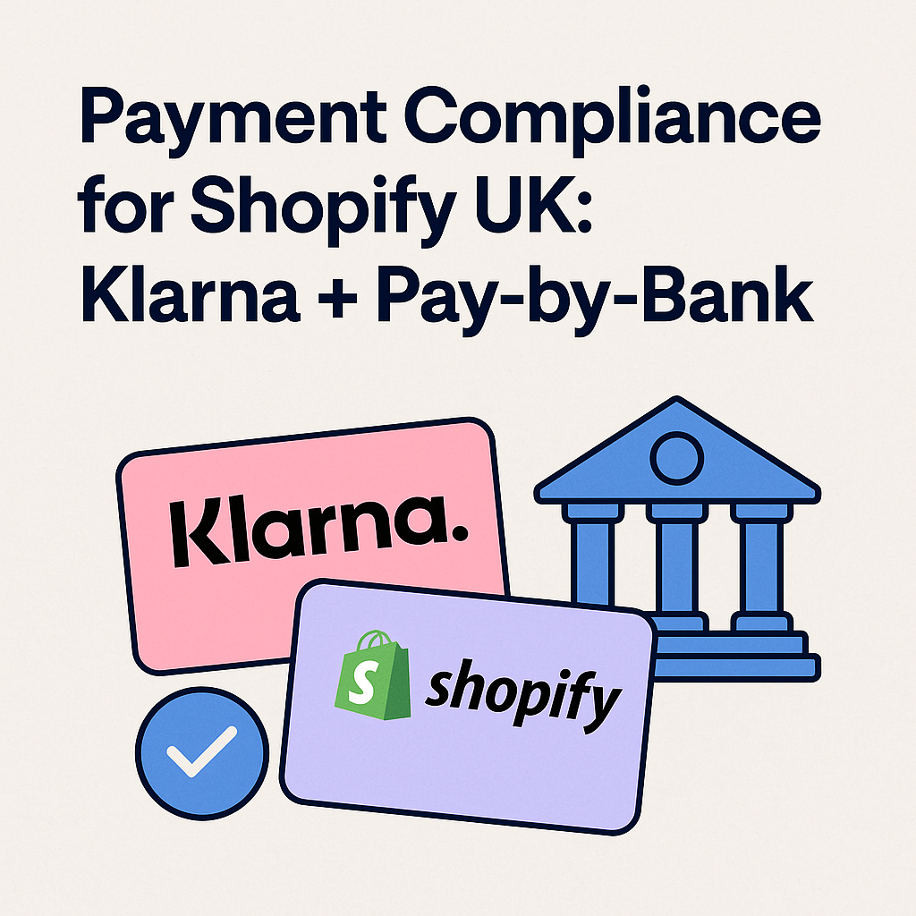 Cover image showing payment compliance for Shopify UK with Klarna, Pay-by-Bank, and Shopify icons, highlighting secure checkout, banking compliance, and alternative payment methods.