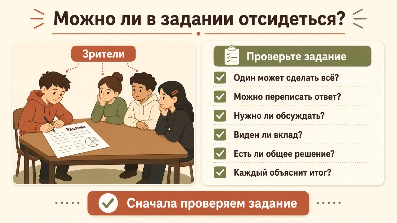 Один ученик выполняет задание, трое смотрят; рядом вопросы, можно ли в задании отсидеться