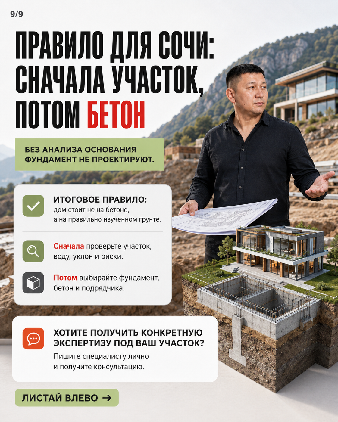 Карусель о строительстве дома в Сочи с советом сначала проверить участок, воду, уклон и риски, а потом выбирать фундамент и бетон.