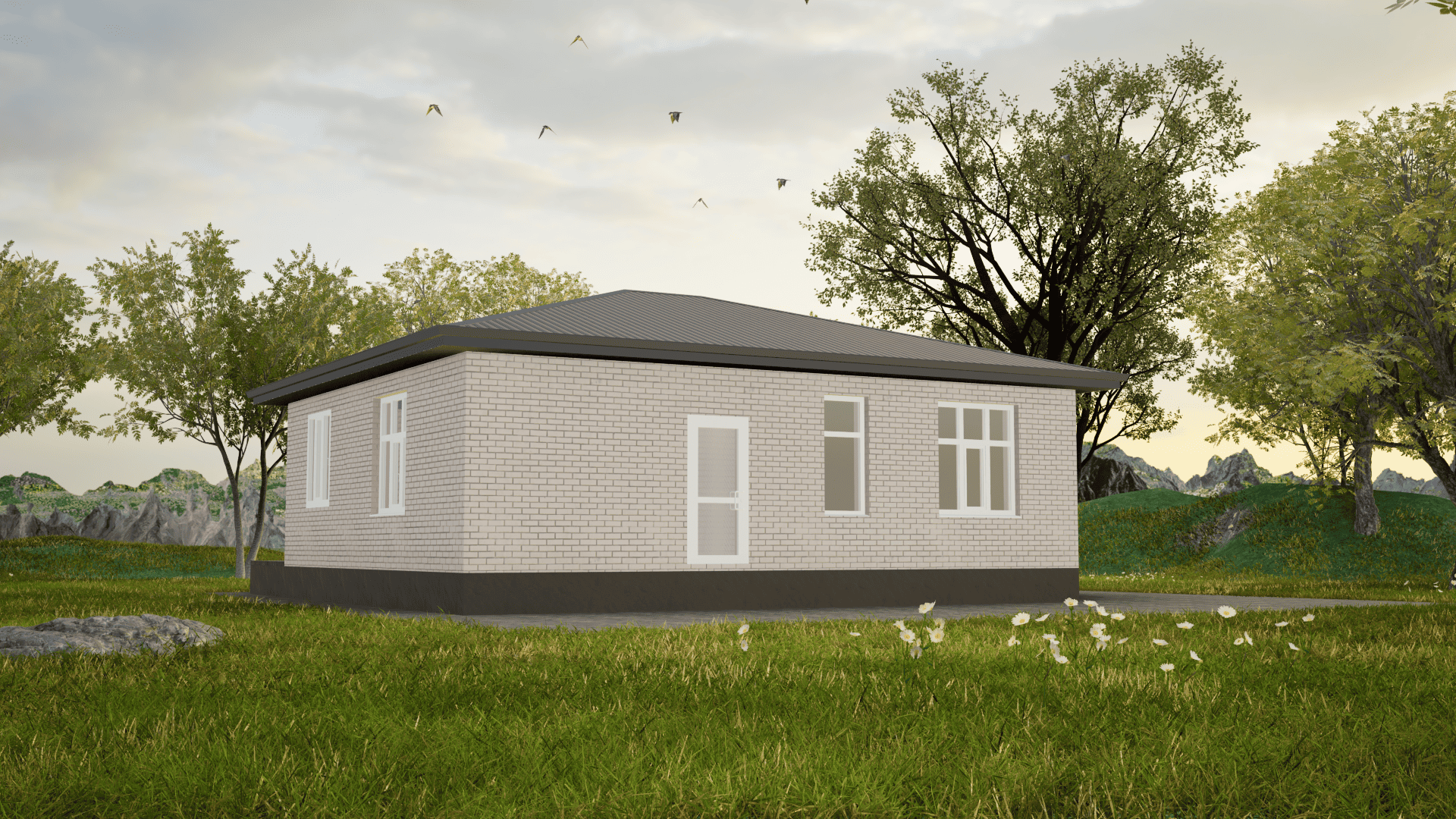 Одноэтажный дом в Ставрополе из белого силикатного кирпича с белыми окнами, открытой террасой и темной крышей цвета серый графит