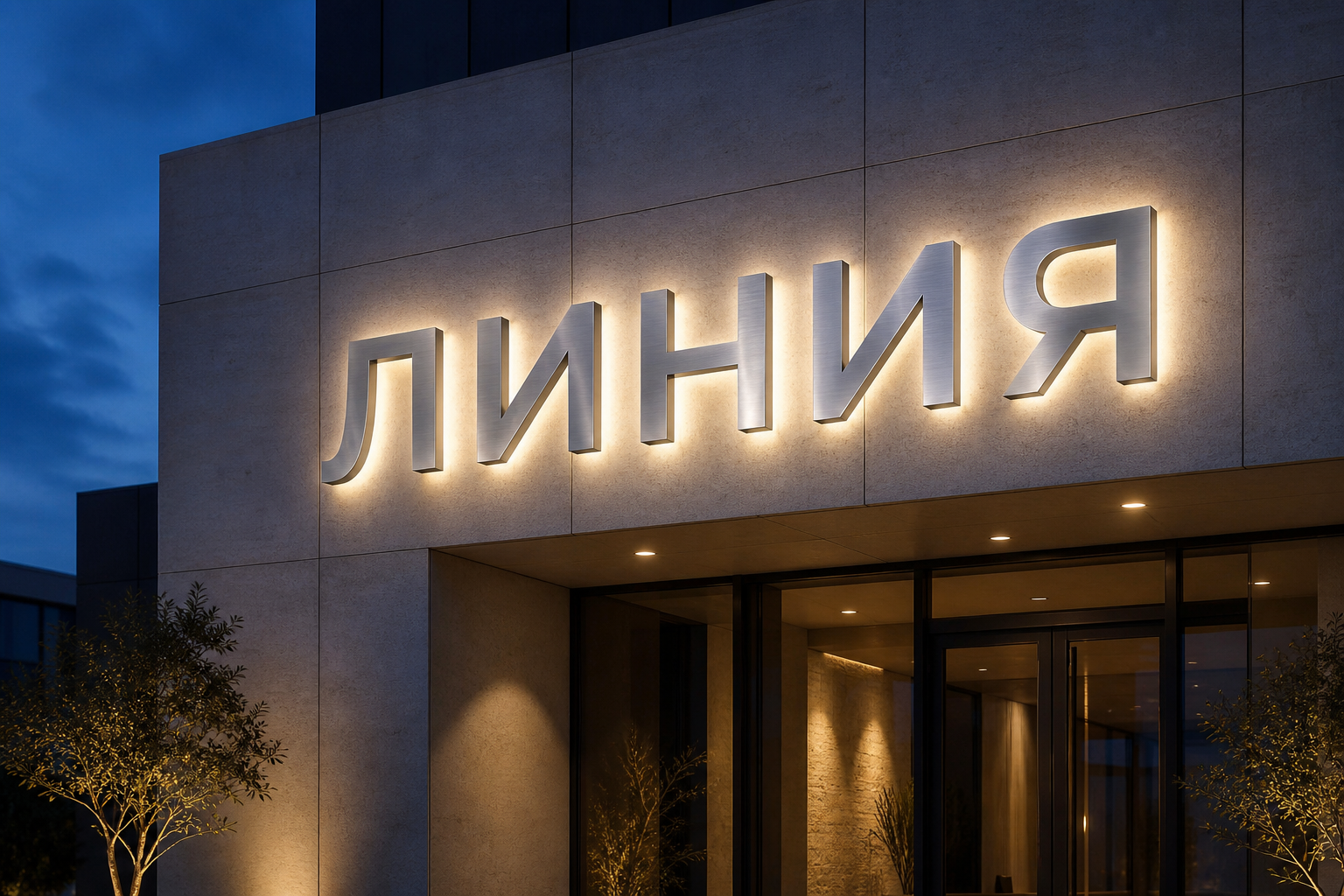 3D-рендер металлической вывески «ЛИНИЯ» с контражуром