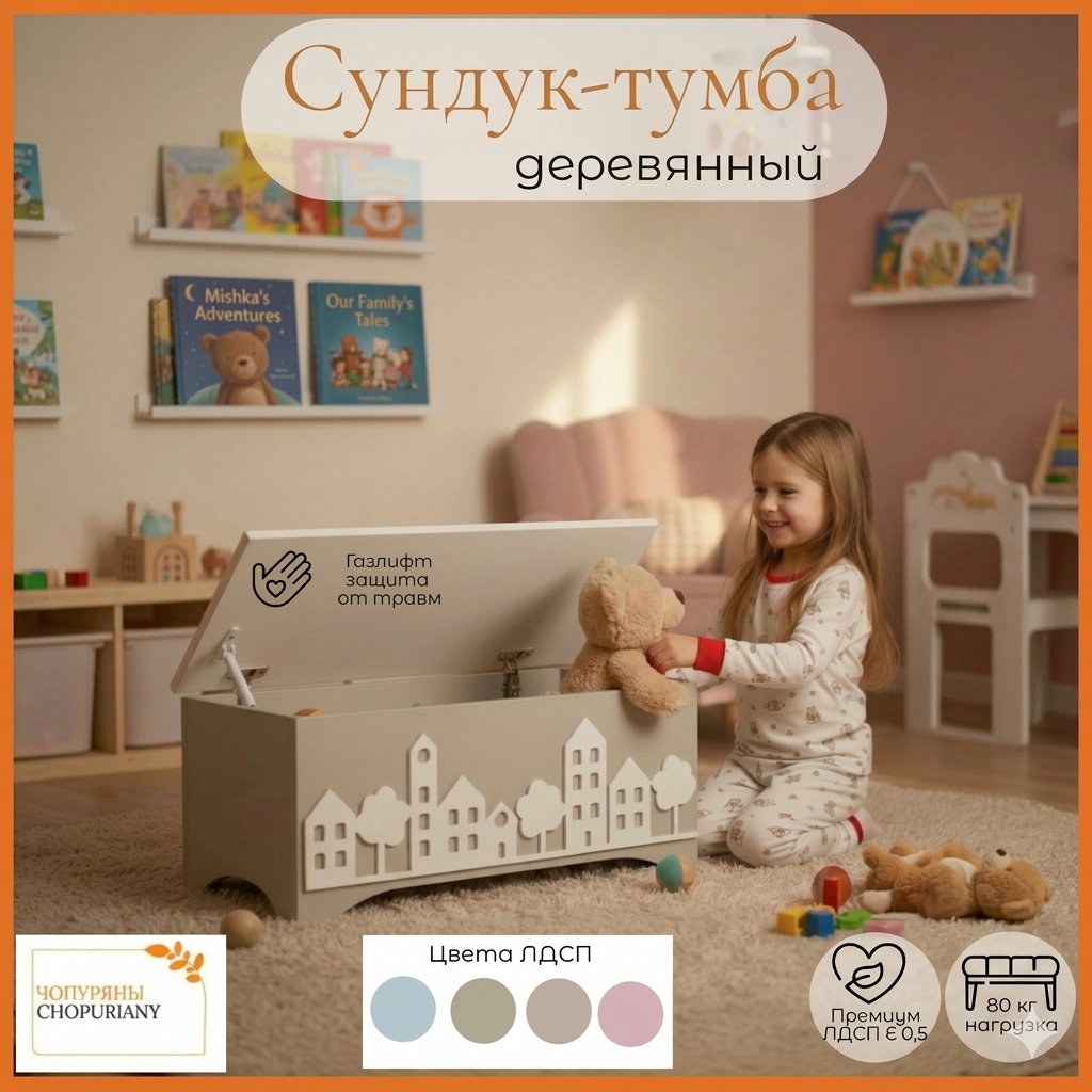 Вместительный напольный сундук-тумба , цвет бежево-серый, в скандинавском стиле для детской комнаты , кухни и гостинной Мебель CHOPURIANY из безопасного премиум ЛДСП Е 0.5 с защитой от защемления пальцев (газлифт) и выдерживаемая нагрузка до 80 кг.