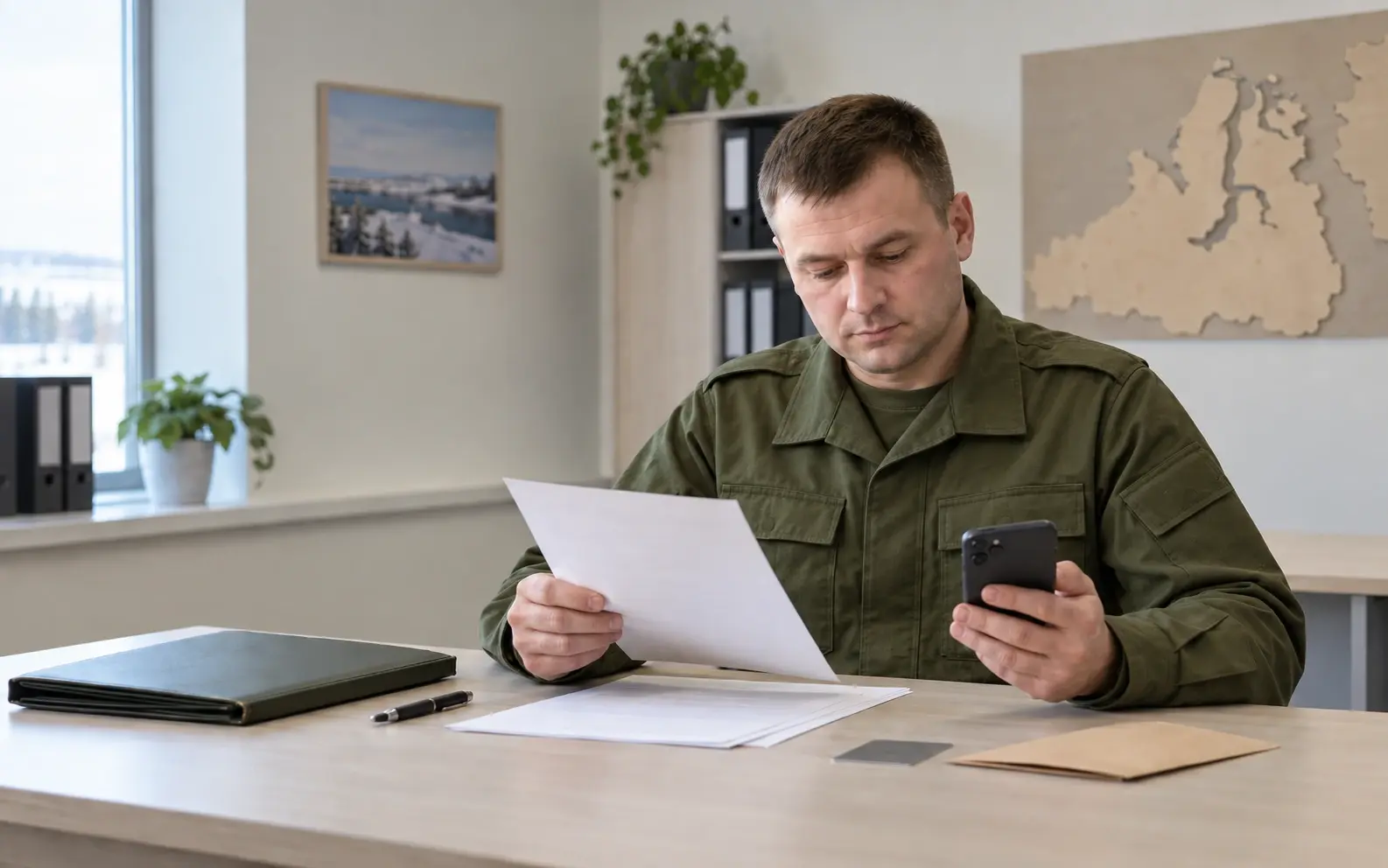 Военнослужащий славянской внешности проверяет документы после оформления контракта