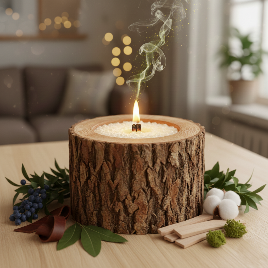 Свеча в спиле дерева с ароматом Ягоды можжевельника и сандаловое дерево