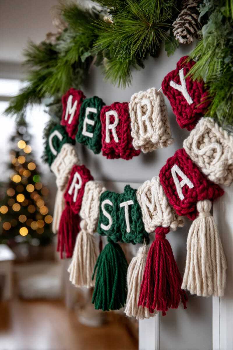 гирлянда с обмотанными шерстью буквами «Счастливого Рождества» и кисточками на концах 1