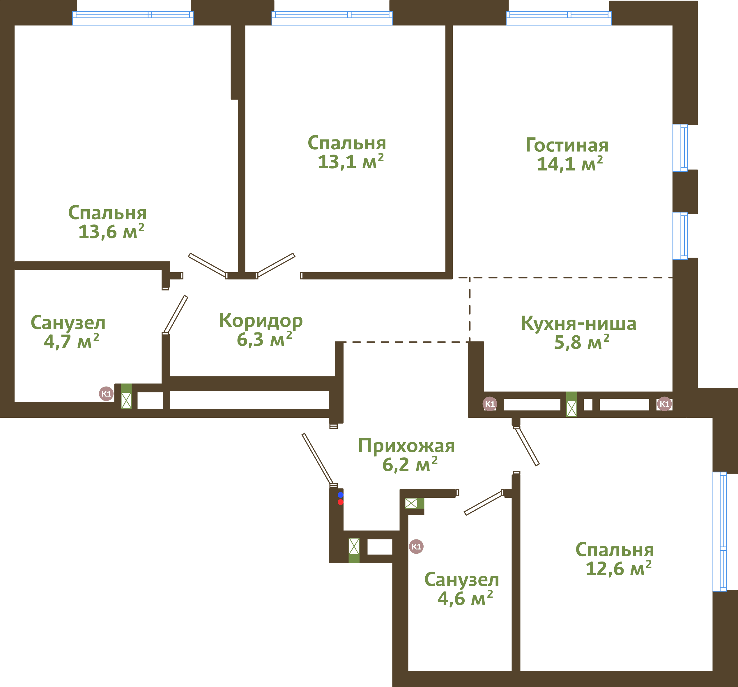 Планировка 4-комнатной квартиры 80,80 м²
