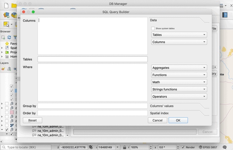 The SQL Query Building can help users formulate their queries when using the QGIS DB Manager plugin. 