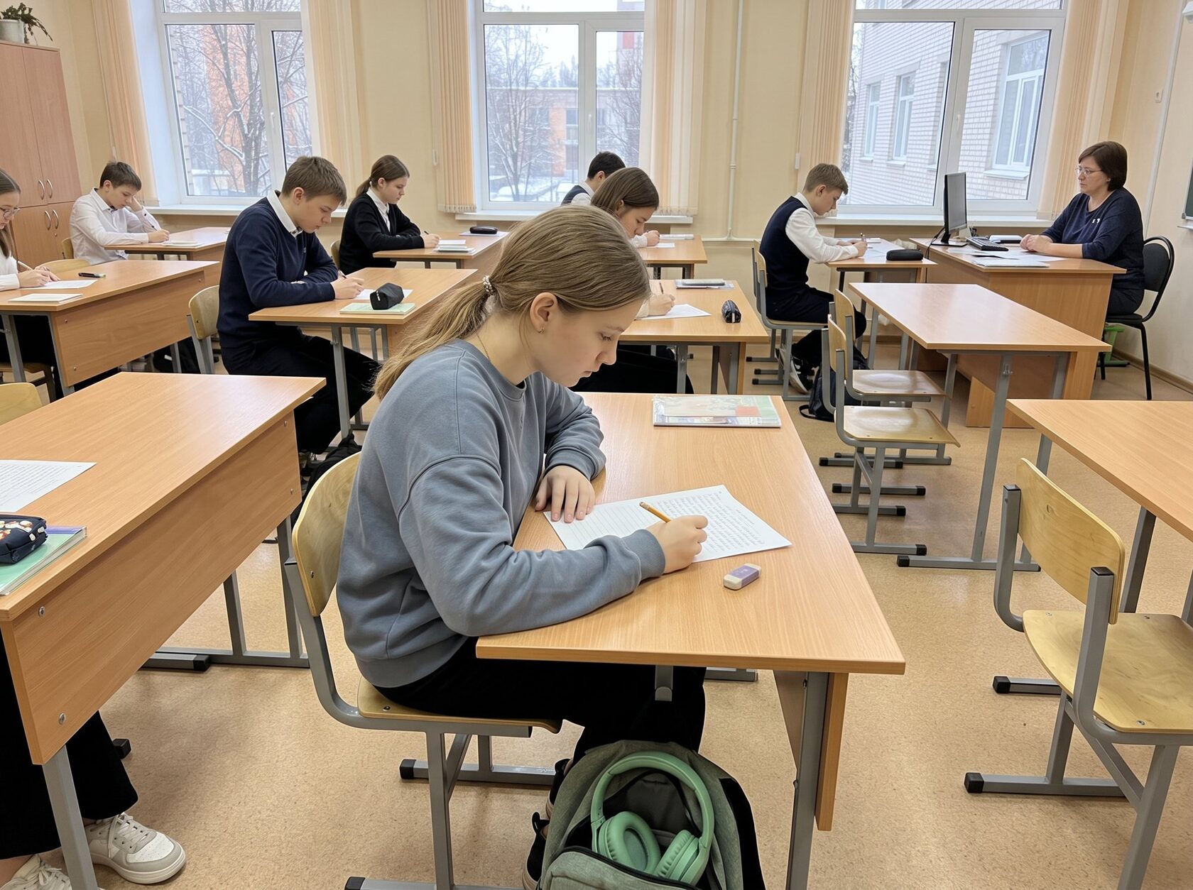 На пробном экзамене в классе девятиклассница перечитывает своё письменное задание, ведя карандашом по строкам