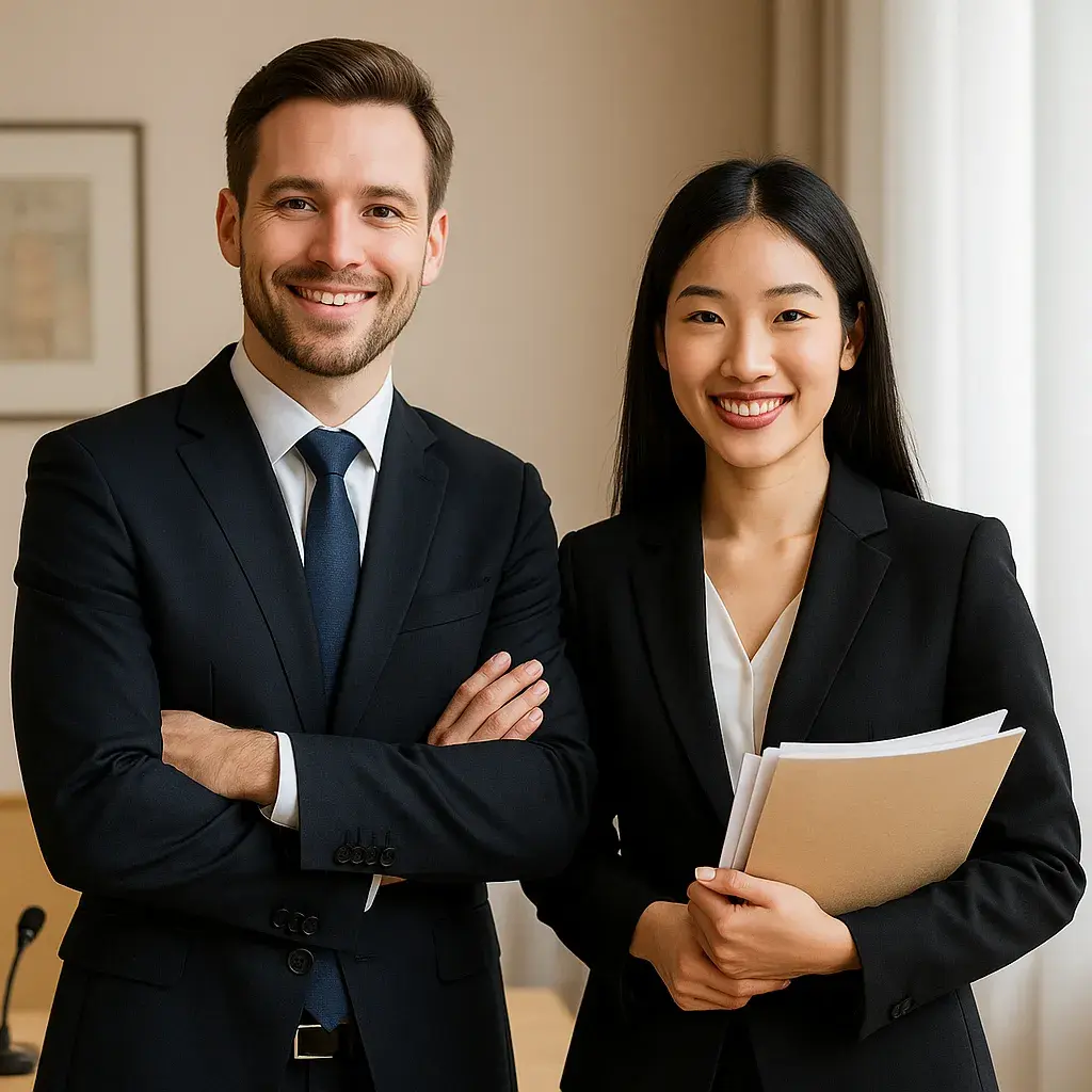 Переводчики - Парень и девушка в деловых костюмах, улыбаются,