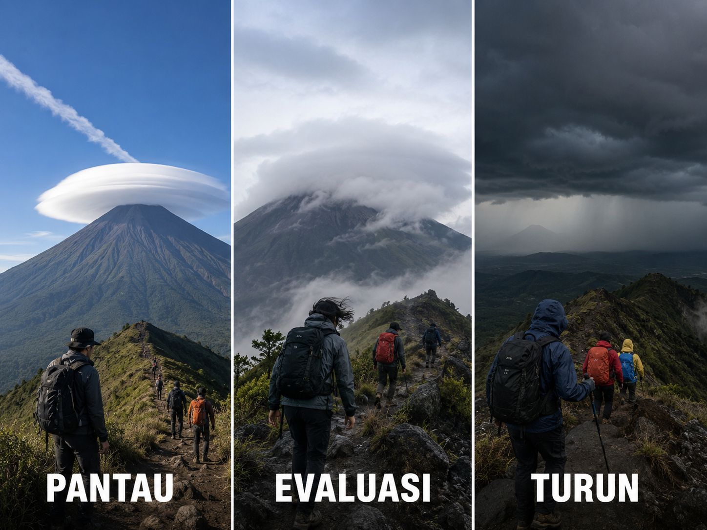 Tiga kondisi cuaca gunung dari awan tenang hingga situasi yang menuntut turun.