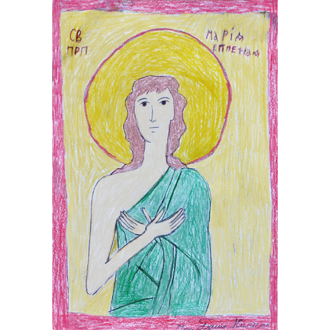 Мария Египетская, детский рисунок школы иконописи для детей Екатерины Муравьевой