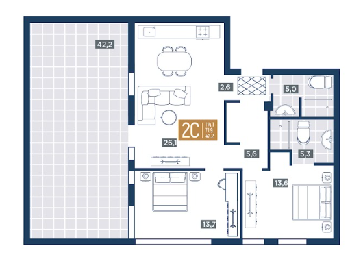 Планировка 2-комнатная 114,1 м²