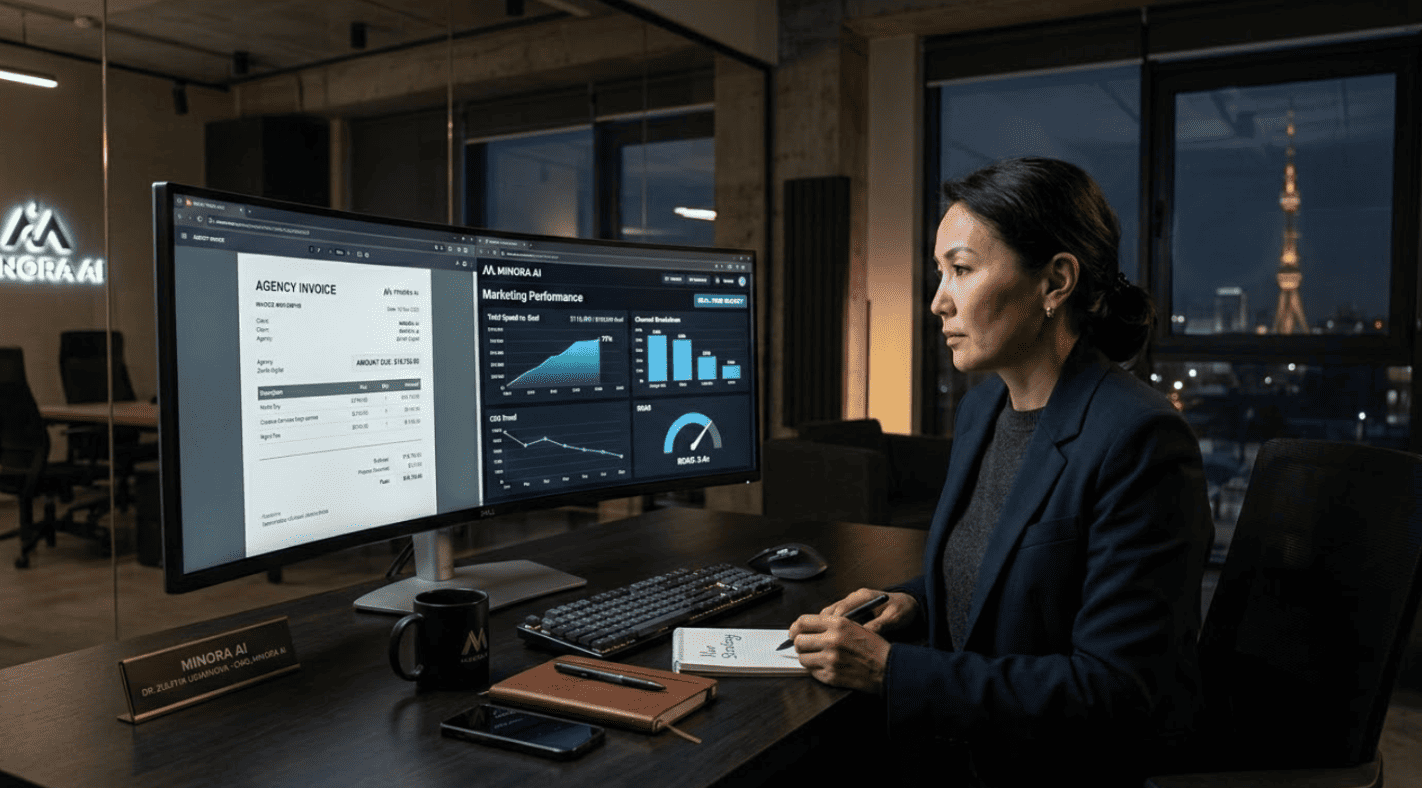 Marketing team surrounded by printed agency reports in a Tashkent office, contrasted with a real-time AI campaign optimization dashboard showing live budget reallocation.