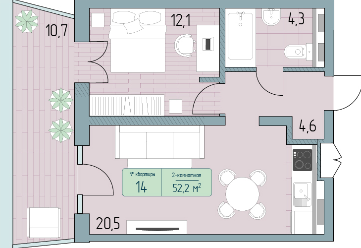 Планировка 2-комнатная 52,2 м²