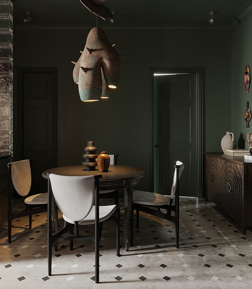 Необычный дизайн интерьера, элементы в африканском стиле. Плиточный пол, деревянный стол, зелёные потолок и стены, деревянная мебель, африканские маски