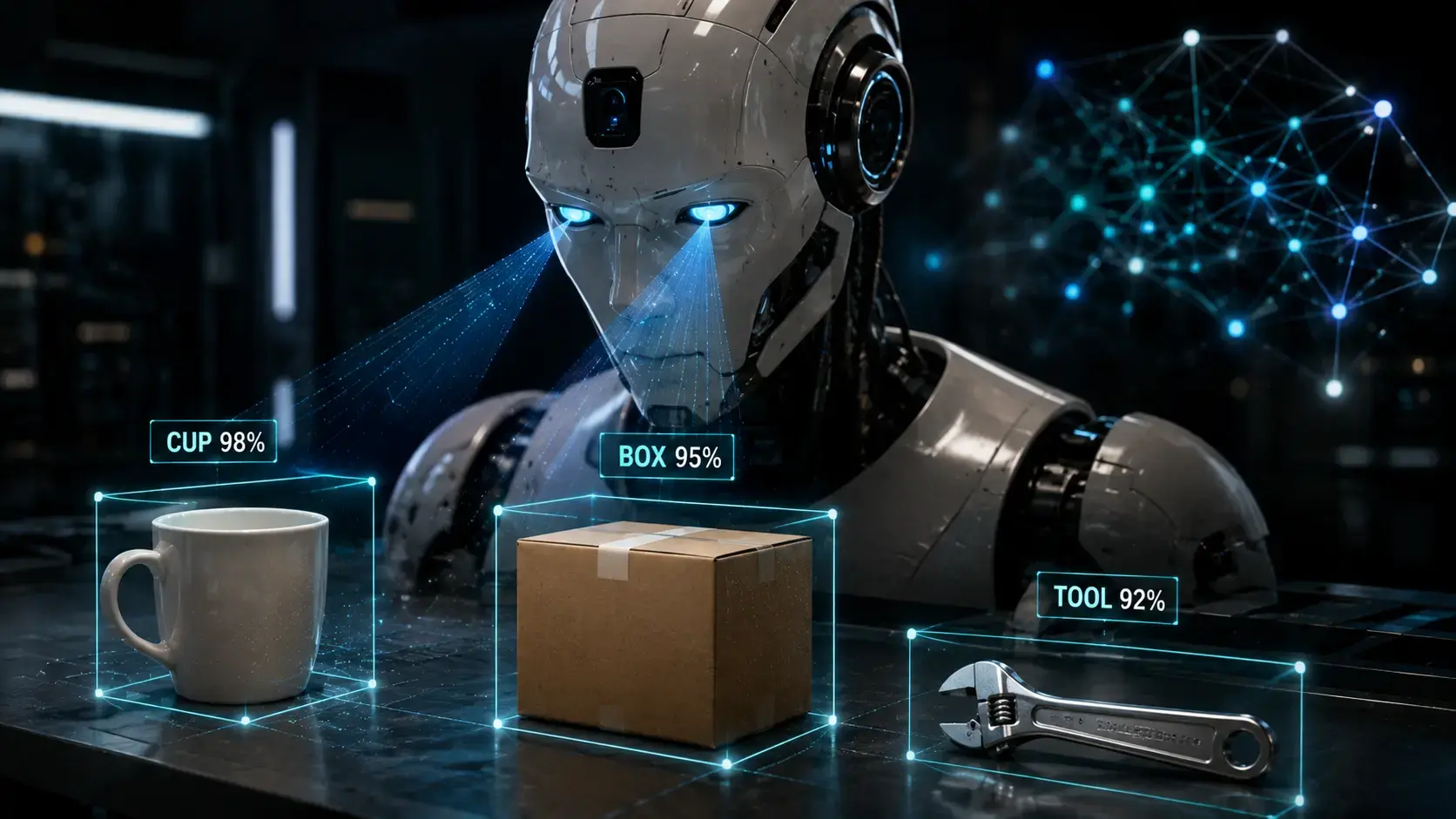 AI robot with computer vision and neural network scanning surrounding objects