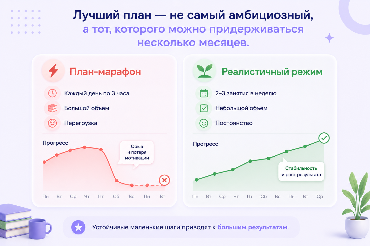 Минималистичная инфографика Brainius: сравнение двух подходов к подготовке к ОГЭ и ЕГЭ летом. Слева — перегруженный план занятий по 3 часа каждый день, который быстро приводит к выгоранию. Справа — реалистичный режим с 2–3 занятиями в неделю и стабильным прогрессом. Иллюстрация показывает, почему небольшие регулярные шаги помогают эффективнее подготовиться к экзаменам.