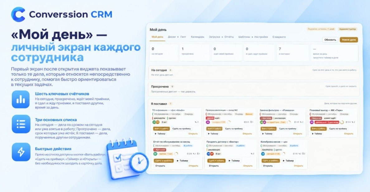 «Мой день» — личный экран сотрудника: на сегодня, просрочено, ждёт моей приёмки, я поставил, быстрые действия