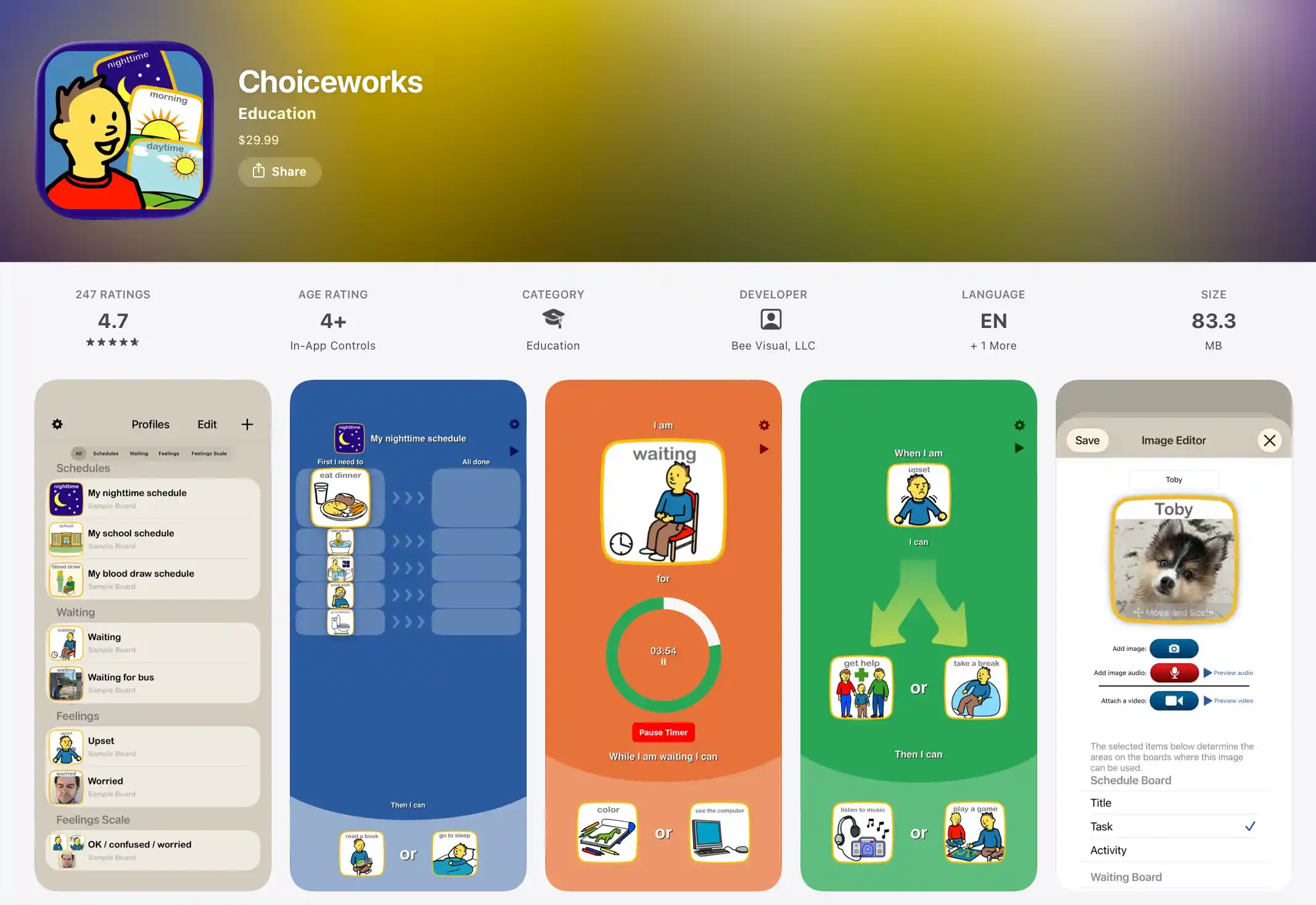 Choiceworks iPad app interface showing a visual schedule board.